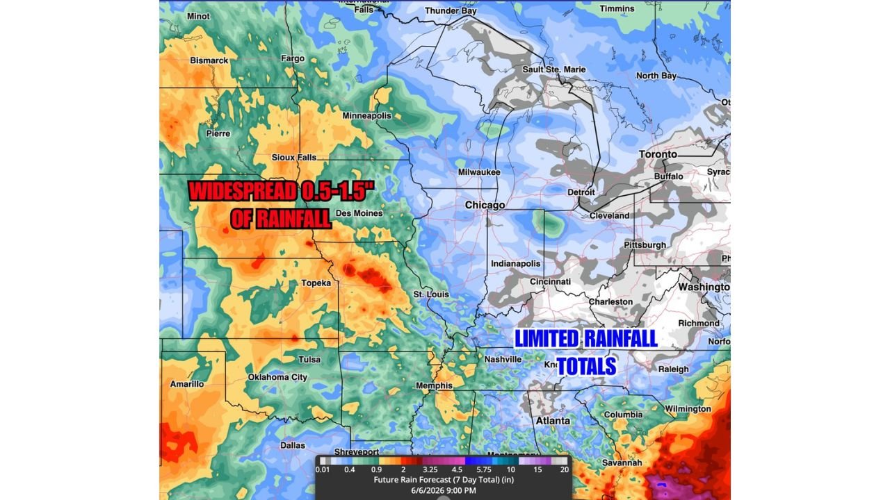 Central Plains From Sioux Falls to Oklahoma City Expecting Widespread 0.5 to 1.5 Inches of Rain Next Week Through June 6