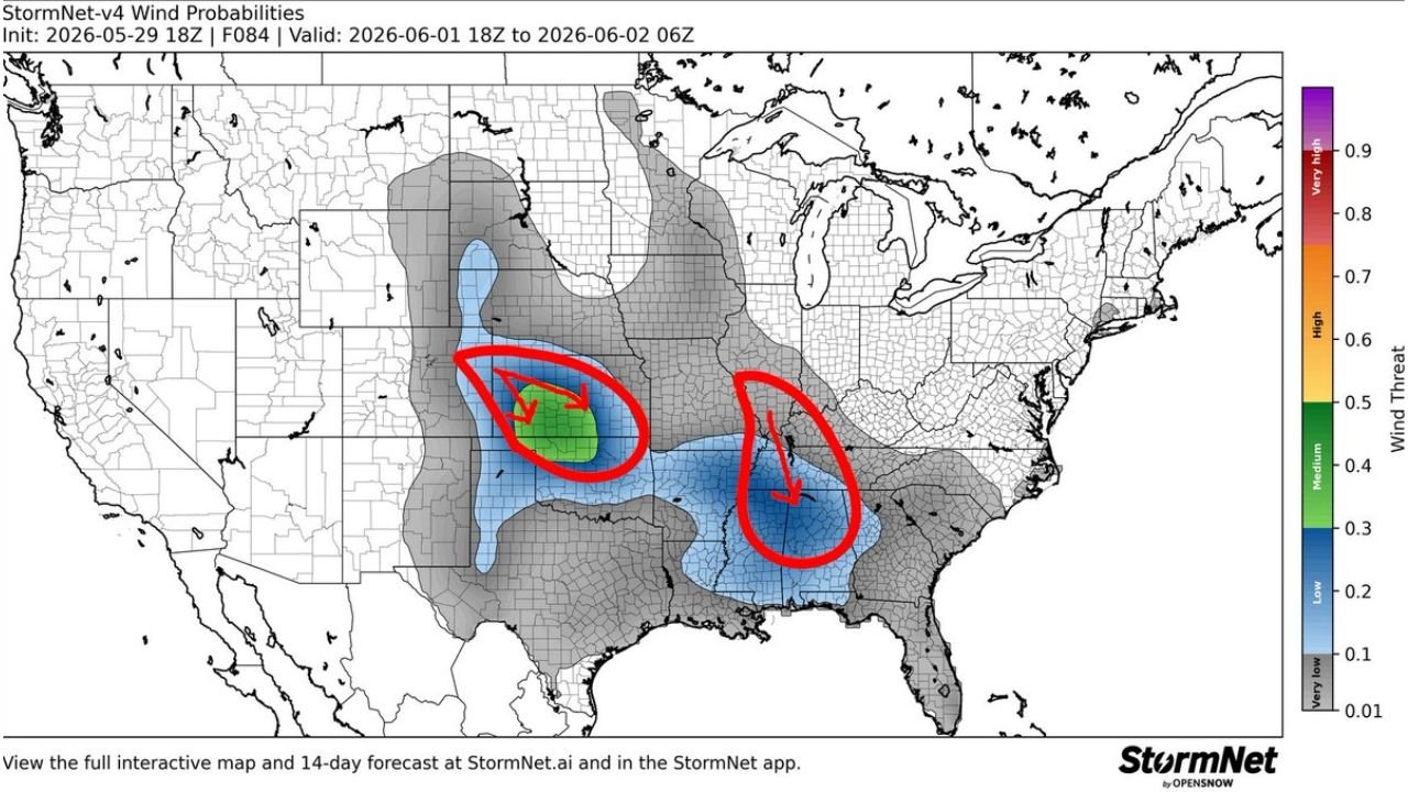 Central Plains and Deep South Bracing for Dual Intense MCS Events With Possible Derecho Criteria Monday June 1