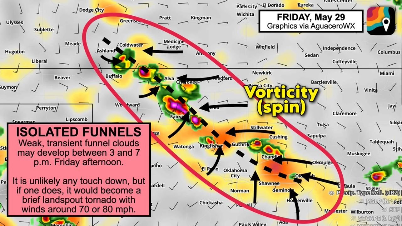 Cold Air Funnel Clouds and Brief Landspout Tornado Possible Across Northwest Oklahoma and Southwest Kansas Between 3 and 7 PM Friday