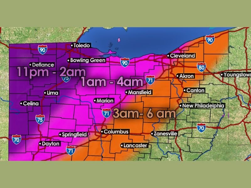 Cold Front Bringing Storms With 45 MPH Wind Gusts and Heavy Rain Across Ohio Including Toledo Columbus and Cleveland Tonight After 11 PM Through Early Morning Hours