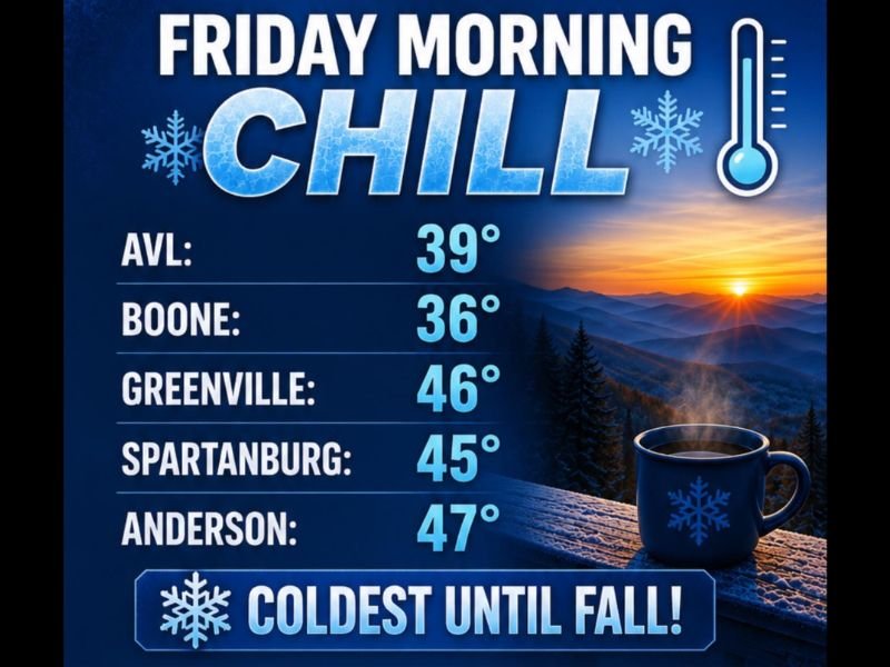 Coldest Morning Until Fall Hitting Asheville Boone Greenville Spartanburg and Anderson This Friday With 30s in Mountains and 40s Across Upstate Before Huge Warm-Up Next Week