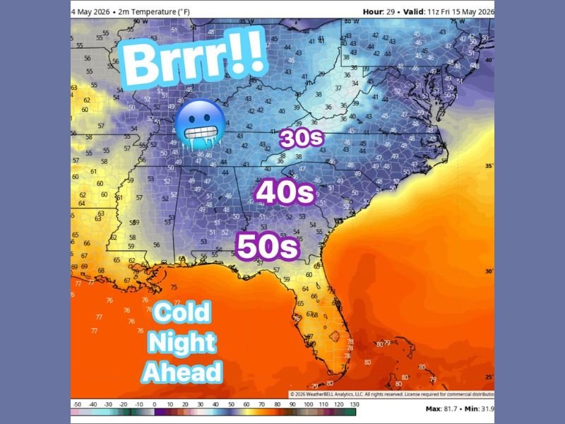 Coldest Night Until Fall Dropping Temperatures Into the 30s and 40s Across Southeast Appalachians Carolinas and Tennessee Tonight Into Friday Morning May 15