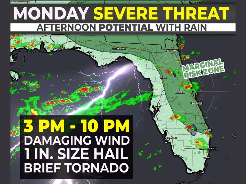 Damaging Winds 1 Inch Hail and Brief Tornado Possible Across Central and East Florida Including Orlando and Melbourne Under Marginal Risk Monday 3PM to 10PM