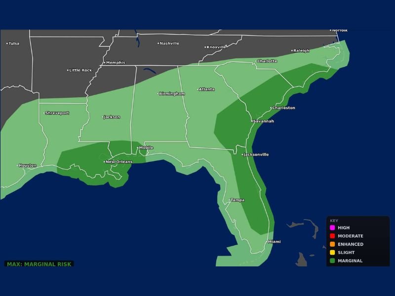 Damaging Winds Large Hail and Low Tornado Risk Continuing Across Southeast From New Orleans Atlanta and Charlotte to Florida Under Marginal Risk Peak 1PM to 7PM Monday