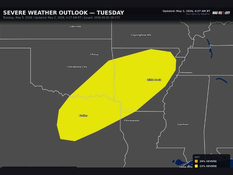 Damaging Winds, Large Hail, and Tornadoes Threatening Texas, Oklahoma, Arkansas, and Louisiana Tuesday — 30% Severe Risk Issued