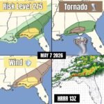 Damaging Winds and Brief EF2 or Lower Tornadoes Threatening Florida Panhandle Southern Alabama and Georgia Under Slight Risk Level 2 Today May 7
