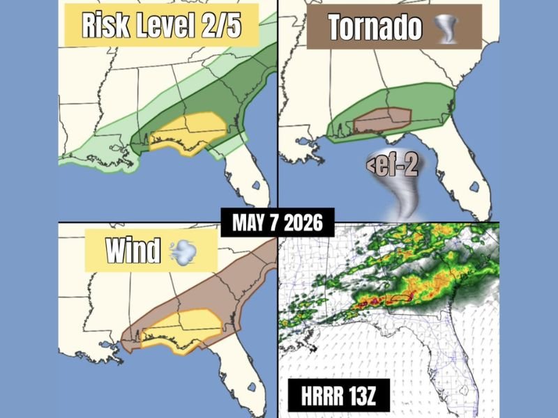 Damaging Winds and Brief EF2 or Lower Tornadoes Threatening Florida Panhandle Southern Alabama and Georgia Under Slight Risk Level 2 Today May 7