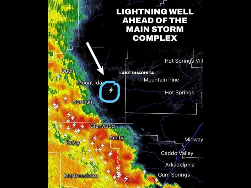 Dangerous Lightning Strike Observed Miles Ahead of Main Storm Complex Near Lake Ouachita and Mount Ida Arkansas With Urgent Warning on Water or in Pools Today