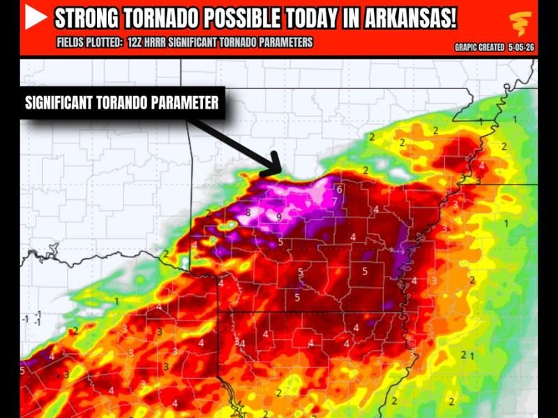Dangerous Tornado Environment With Strong Tornado Possible Across Central and Northeastern Arkansas Into Northeast Texas Today as Significant Tornado Parameters Reach Extreme Levels