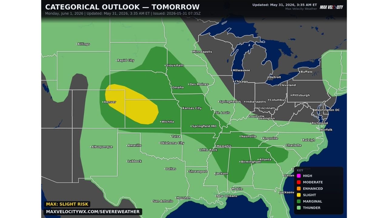 Denver to Atlanta Facing Damaging Winds Large Hail and Possible Tornadoes as Severe Weather Risk Increases Tuesday