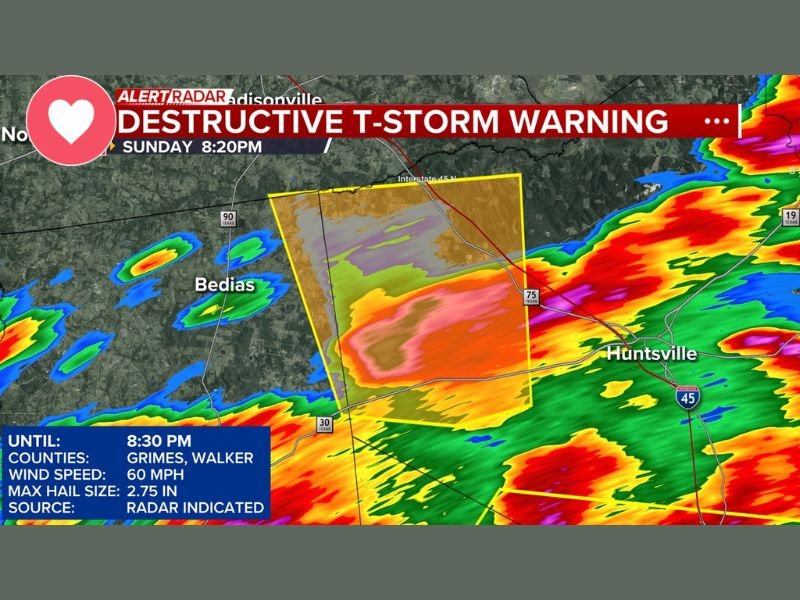 Destructive Thunderstorm Warning Issued for Grimes and Walker Counties With 60 MPH Winds and 2.75 Inch Hail Targeting Huntsville and Bedias Until 8:30 PM Sunday