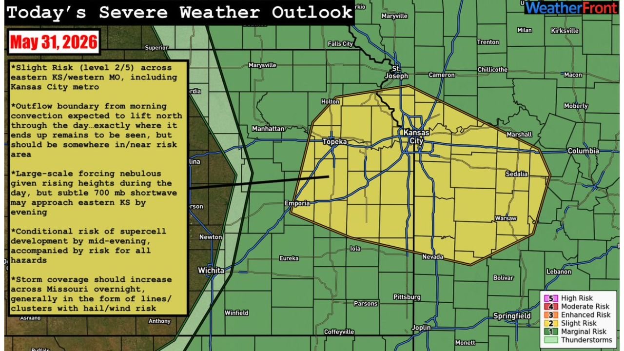 Eastern Kansas and Western Missouri Including Kansas City Under Slight Risk as All Severe Hazards Possible by Mid Evening Today