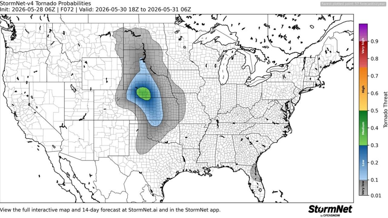 Elevated Tornado Threat Detected Across Central Plains and Kansas Region for Saturday May 30 by StormNet Model