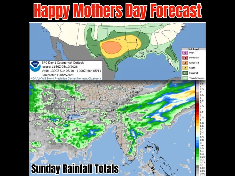 Enhanced Severe Risk Covering Central Texas With Heavy Rainfall Hitting Gulf Coast and Florida Storm Chances Shifting to Middle and East Side on Mothers Day May 10