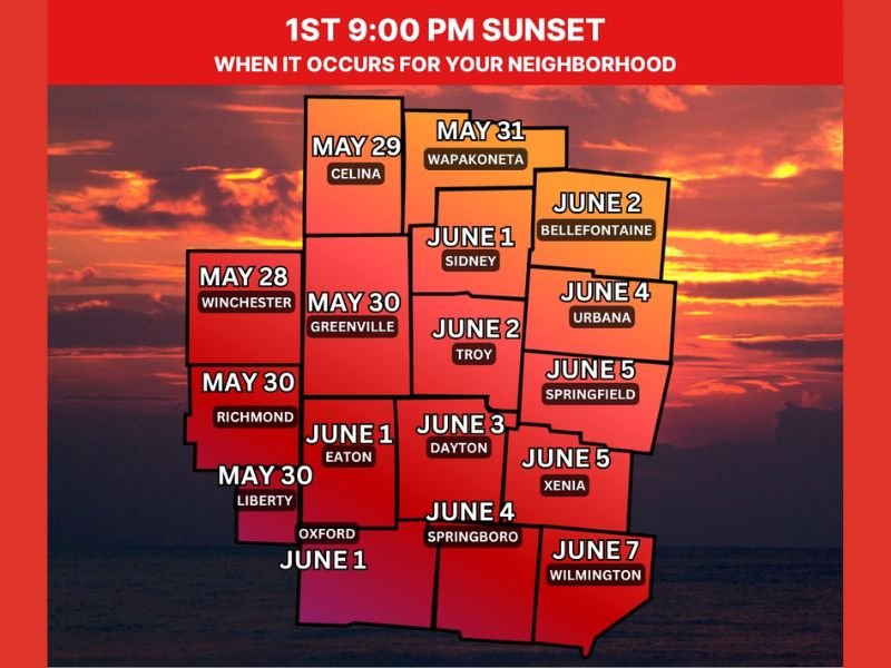 First 9:00 PM Sunset of the Year Arriving Across Ohio and Indiana Starting May 28 With Dates Ranging From Winchester to Wilmington Through June 7