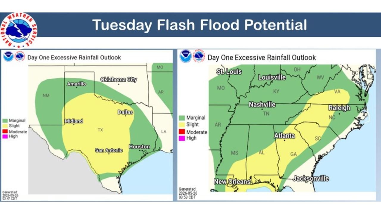 Flash Flood Potential Covers Texas Hill Country, Nashville and Raleigh as Slight Risk Zones Active Today May 26