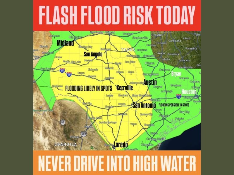 Flash Flood Risk With Flooding Likely in Spots Across Central Texas Hill Country and Big Country Including San Angelo Midland Kerrville and Austin Today Afternoon and Evening
