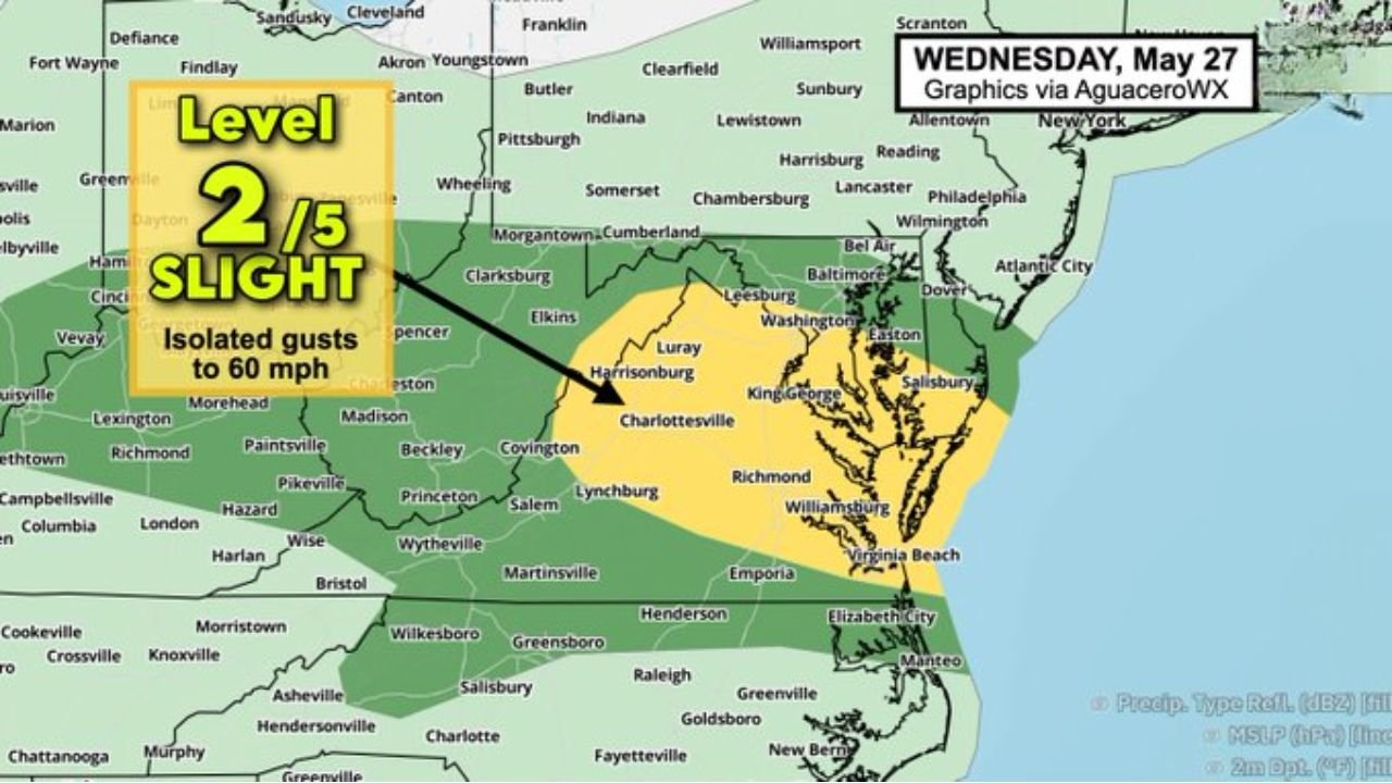 Flood Watch and 60 MPH Gusts Threatening Maryland, Washington DC and Virginia as Frontal Boundary Taps Humid Air Mass Today May 27