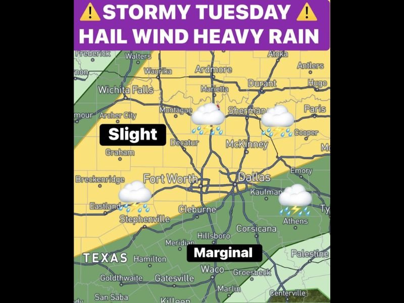 Hail Wind and Heavy Rain Across North Texas Including Dallas Fort Worth and Wichita Falls Into Wednesday With Rain Continuing Through Memorial Day Weekend