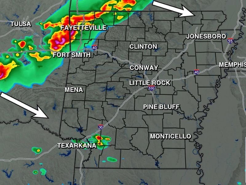Hail and Wind Producing Storms Moving Into Western and Northwest Arkansas Tonight Around 8:30 PM Friday With Low End Severe Risk and Near Zero Tornado Threat