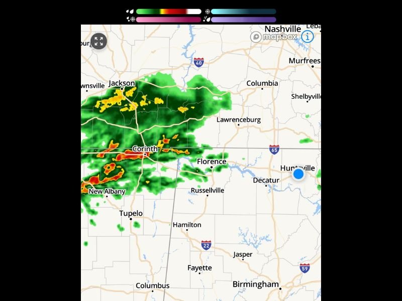 Heavy Downpours Moving Into Northwest Alabama From Mississippi Including Florence, Corinth and Huntsville Area With Severe Threat Focused on Morgan, Marshall and DeKalb Counties by 7PM