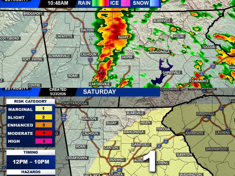Heavy Rain Now With Marginal Risk Stronger Storms Bringing Damaging Wind and Large Hail Across North Georgia Including Dalton Ellijay Gainesville and Atlanta May 23