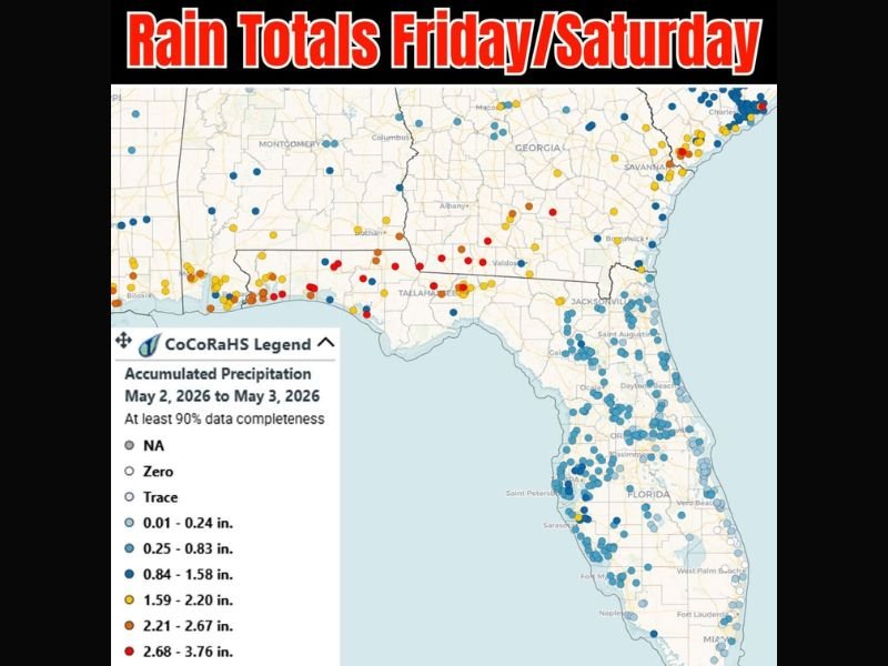 Heavy Rainfall Totals Up to 3.76 Inches Hit Northern Gulf and Southeast Areas on Friday and Saturday &mdash; South Florida Front to Bring More Rain Over Next Few Days
