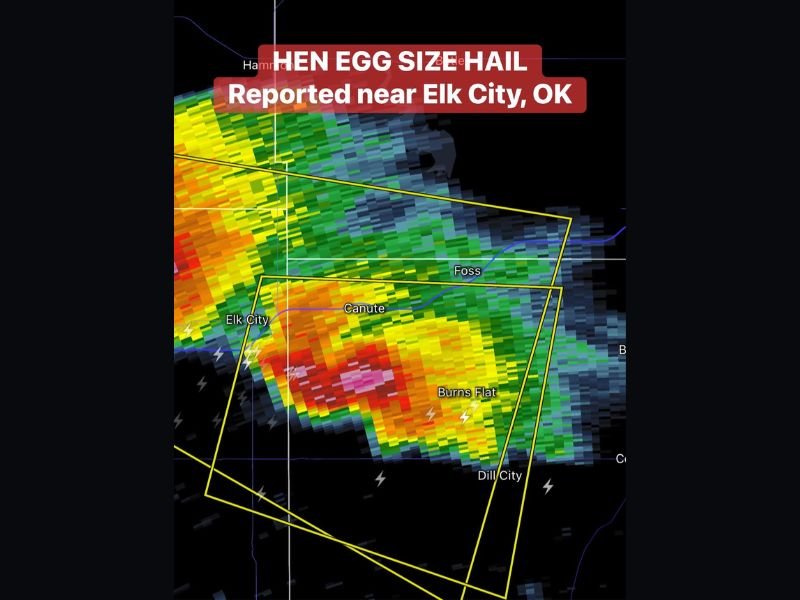 Hen Egg Size Hail Reported Near Elk City Oklahoma as High-Based Supercell Tracks Toward Burns Flat With Extreme Radar Returns Across Canute and Dill City Corridor