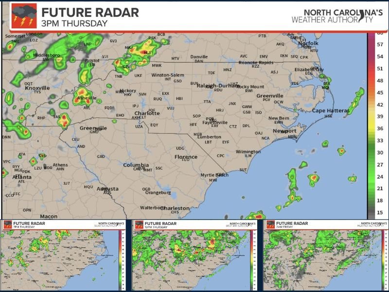 Hit or Miss Storms With Gusty Winds and Heavy Rain Developing Across Central and Western North Carolina Including Asheville Charlotte and Winston-Salem Today