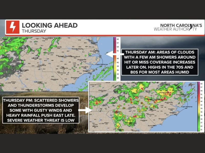 Hot Week With Scattered Storms Gusty Winds and Heavy Rain Hitting North Carolina Including Raleigh and Charlotte Thursday Through Memorial Day Weekend