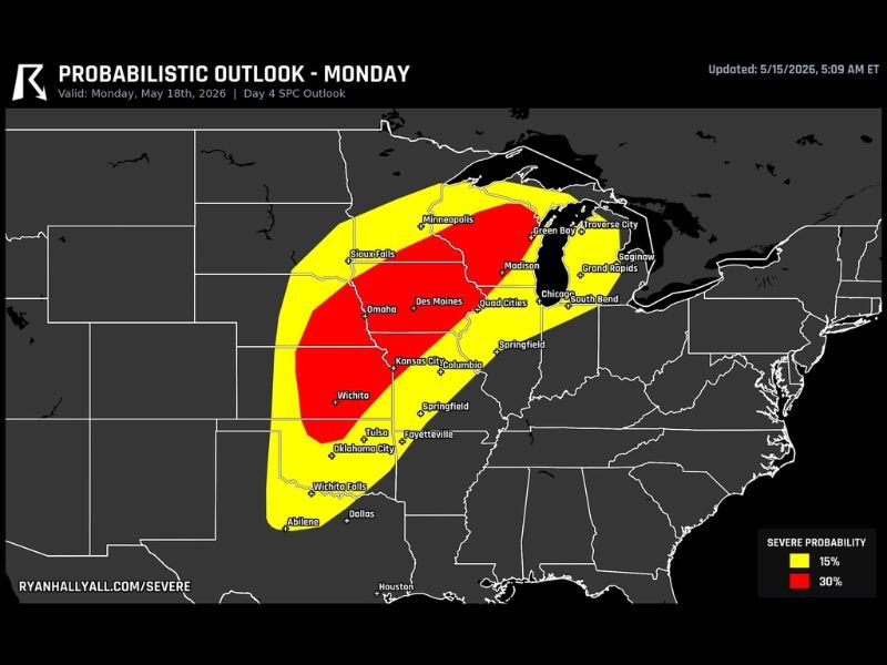 Intense Tornadoes and Very Large Hail Threatening Kansas Wisconsin and Iowa Including Wichita Des Moines and Chicago Monday May 18 With 30 Percent Severe Probability