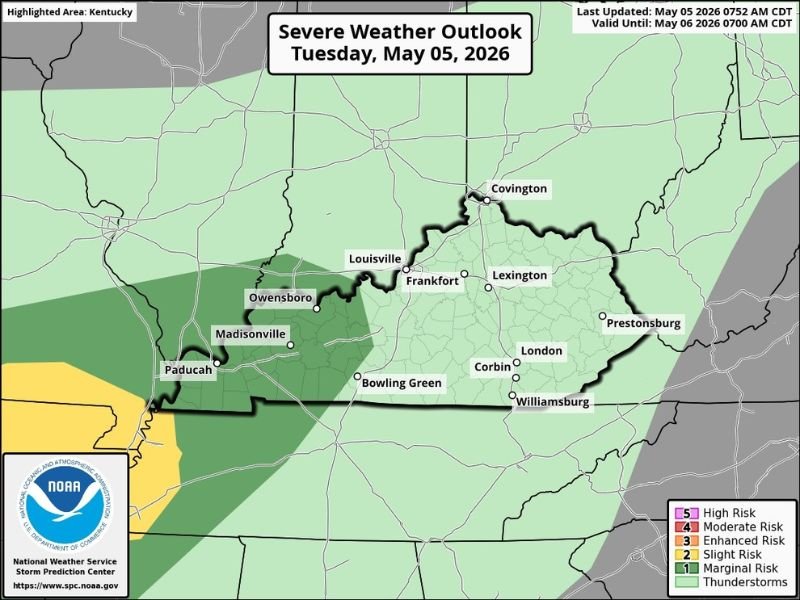 Isolated Damaging Winds and 2% Tornado Risk Placed Over Western Kentucky Paducah Madisonville and Owensboro Under Marginal Risk Tuesday Evening May 5 2026