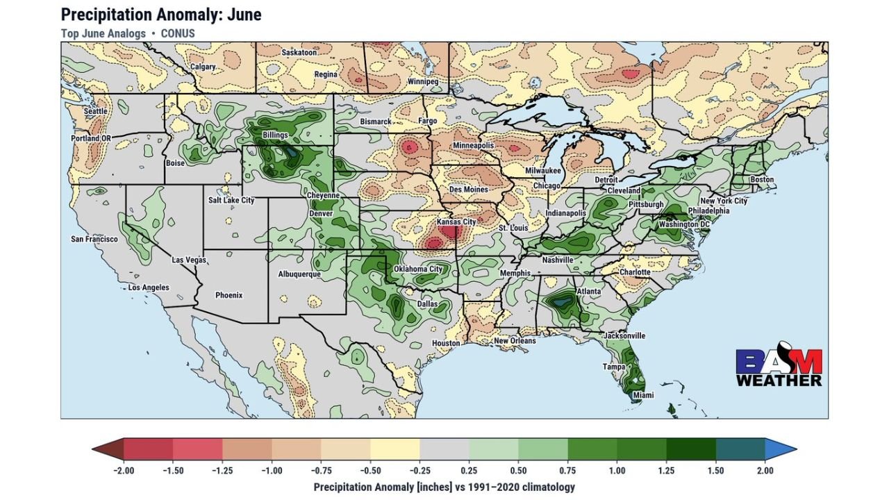 June Analog Forecast Points to Drier Than Normal Pattern for Upper Midwest and Great Plains With Wetter Signal for the South