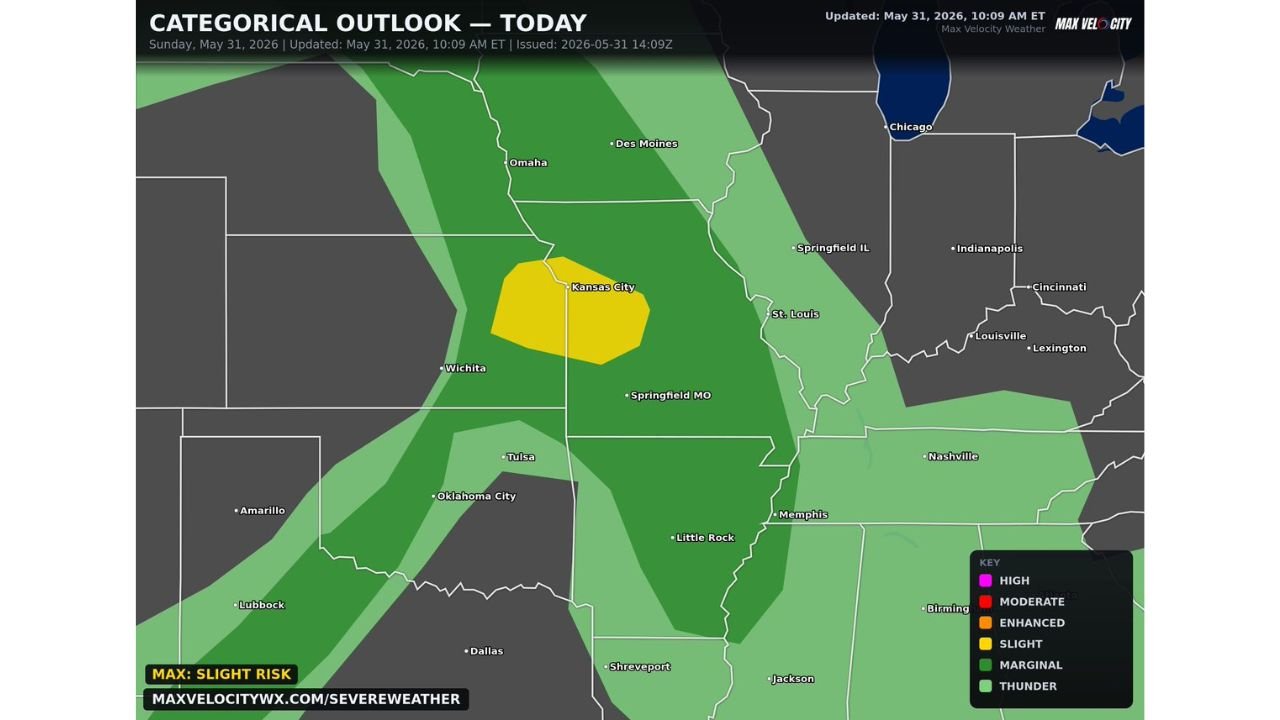 Kansas City Added to Slight Risk Zone Driven by Damaging Hail Threat as Tornado and Wind Potential Remain Low Today