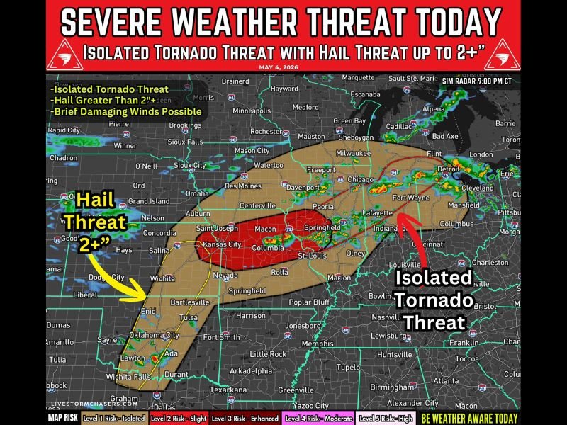 Large Hail Over 2 Inches Brief Damaging Winds and Isolated Tornado Threat Hitting Midwest and Plains States Today From Kansas Missouri Into Oklahoma and North Texas
