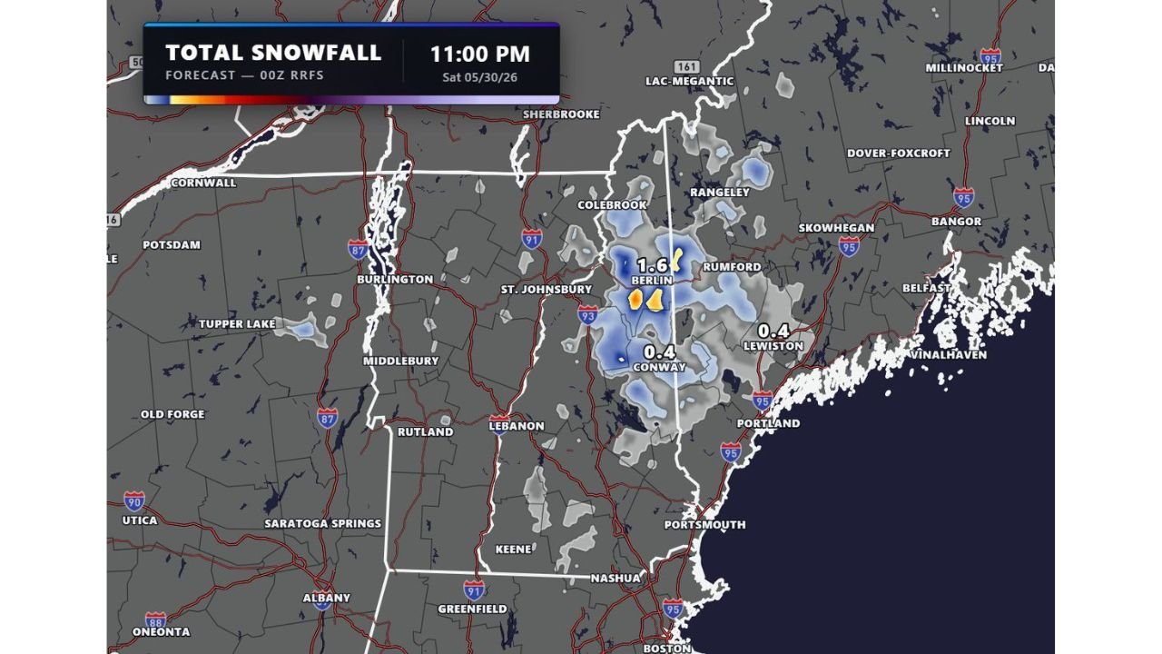 Late May Snow Forecast for Northern New Hampshire and Maine With Up to 1.6 Inches Near Berlin and Rumford Saturday May 30