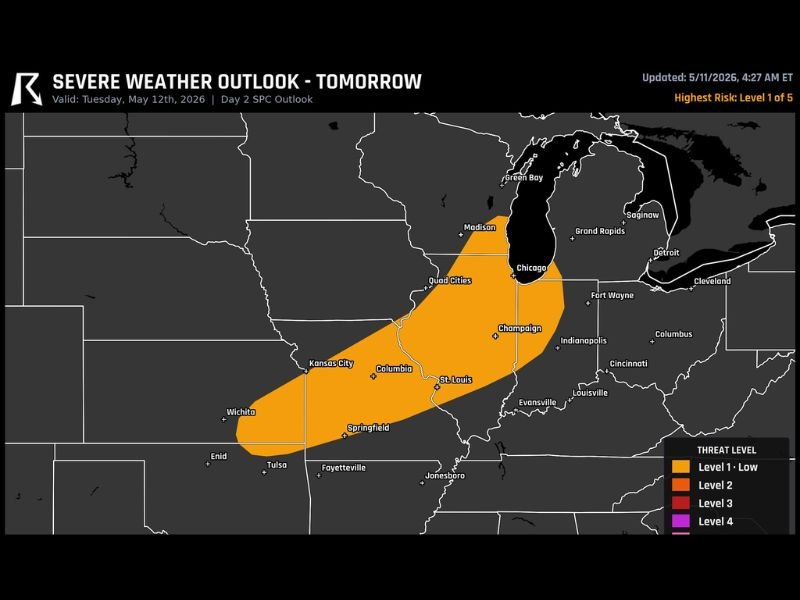 Level 1 Severe Weather Risk Covering Chicago St Louis Kansas City and Wichita Corridor on Tuesday May 12 With Isolated Storms Possible From Oklahoma to Great Lakes