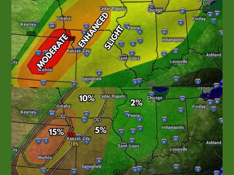 Level 2 Slight Risk Severe Weather With Gusty Winds Main Threat Targeting Illinois Iowa and Missouri Including Peoria Cedar Rapids and Kansas City Today and Tonight
