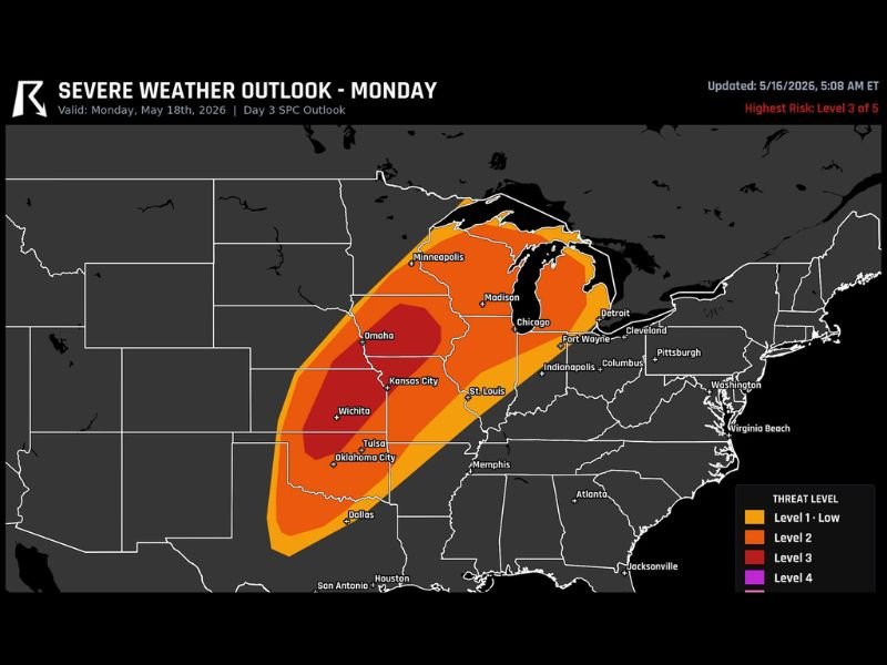 Level 3 Severe Weather Outbreak Targeting Kansas Oklahoma Nebraska Illinois and Iowa Including Wichita Kansas City Chicago and Omaha Monday May 18