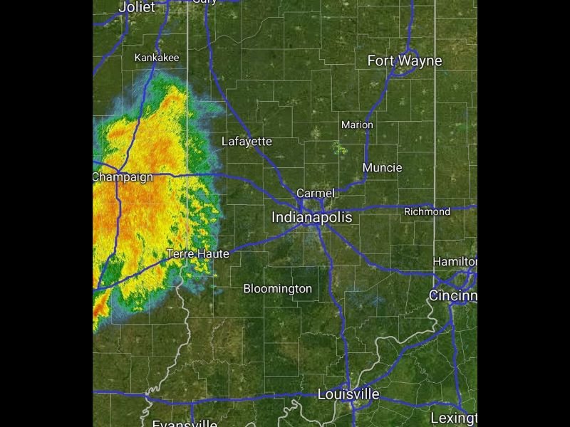 Line of Messy Showers and Thunder Moving Across Indiana and Illinois Including Indianapolis Chicago and Terre Haute This Friday Morning With No Severe Weather Expected