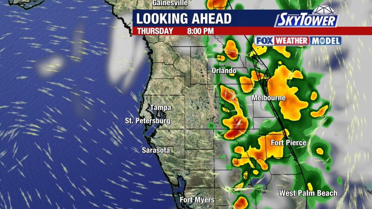 Locally Heavy Rainfall Shifting to East Coast as West Wind Pattern Targets Orlando, Melbourne and Fort Pierce Thursday Evening
