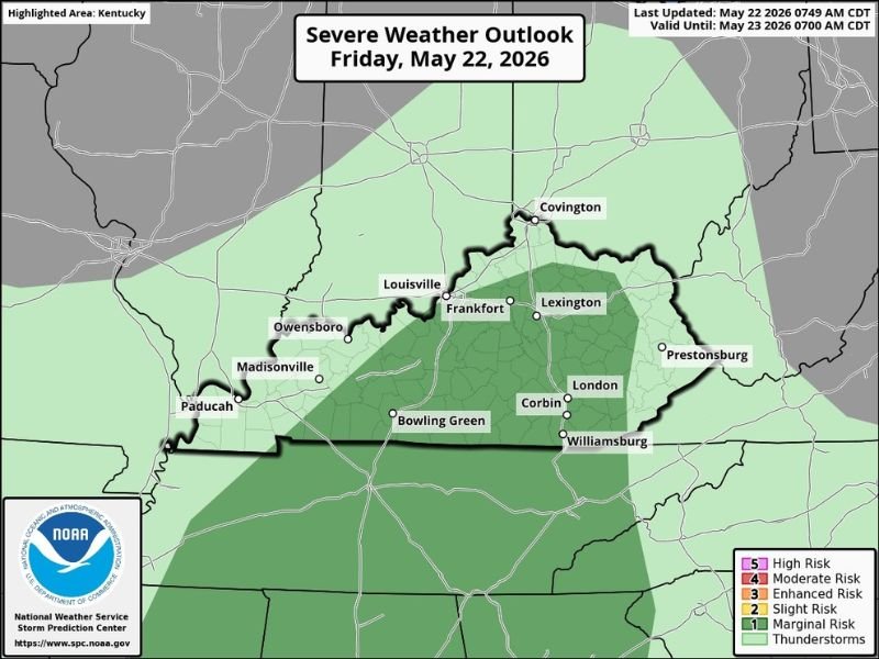 Low End Marginal Risk Storms With 2 to 4 Percent Tornado Risk and 58 to 65 MPH Winds Across Kentucky Including Louisville Lexington and Bowling Green Today