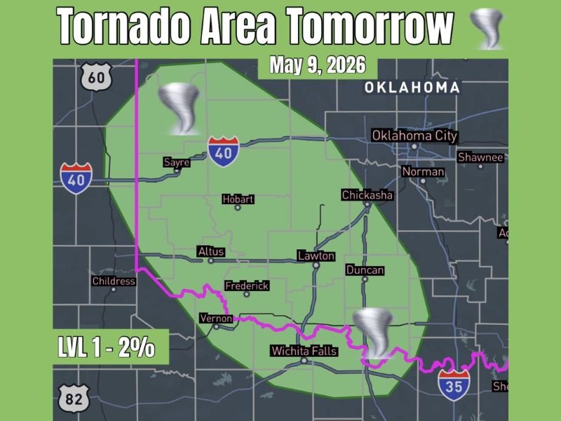 Low End Tornado Potential From High Based Supercells Targeting Southwest Oklahoma Including Lawton Sayre Altus and Hobart on Saturday May 9