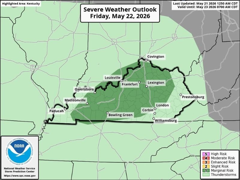 Marginal Risk Level 1 Severe Storms With 2 Percent Tornado Risk Targeting Kentucky Including Louisville Lexington Bowling Green and Paducah Tomorrow