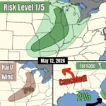 Marginal Risk Level 1 Severe Weather With Hail and Gusty Winds Across Illinois and Kansas Today May 12 Kansas Tornado Threat Canceled While Eastern Florida Holds 2 Percent Tornado Chance