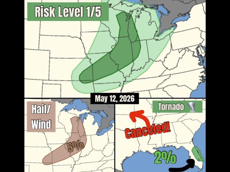 Marginal Risk Level 1 Severe Weather With Hail and Gusty Winds Across Illinois and Kansas Today May 12 Kansas Tornado Threat Canceled While Eastern Florida Holds 2 Percent Tornado Chance