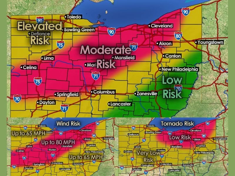 Moderate Enhanced Risk Severe Storms With 80 MPH Wind Gusts and Quarter Size Hail Targeting Ohio Including Toledo Columbus Mansfield and Cleveland Today