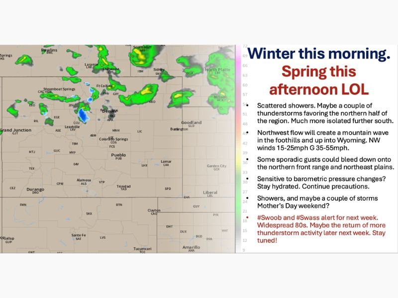 Mountain Wave Winds Gusting to 55 MPH and Scattered Thunderstorms Hitting Denver Front Range and Colorado Foothills Thursday With Dramatic Single Day Winter to Spring Temperature Swing