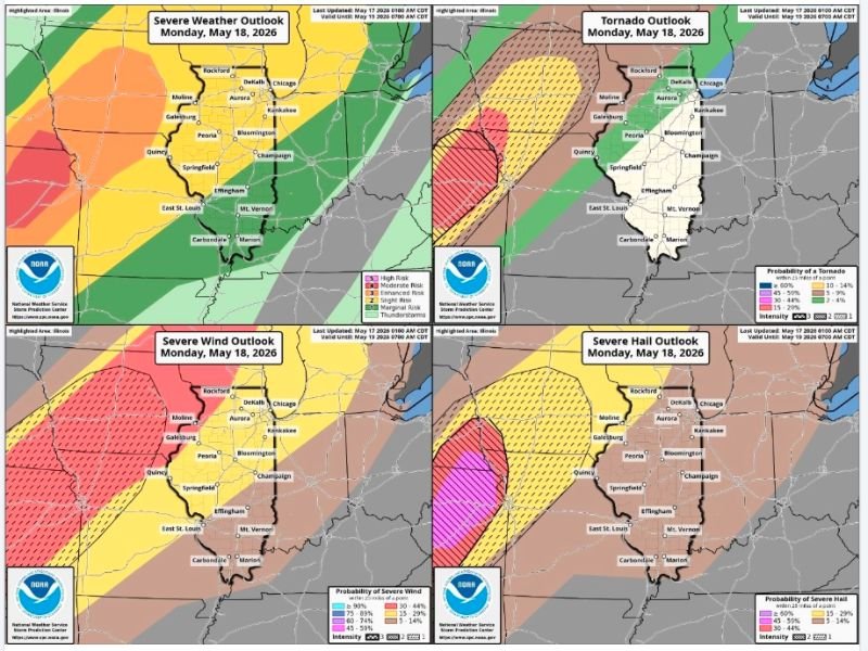 Multiple Rounds of Severe Thunderstorms With Damaging Winds Hail and Embedded Tornado Threat Hitting Illinois Including Chicago Springfield and Peoria Monday May 18