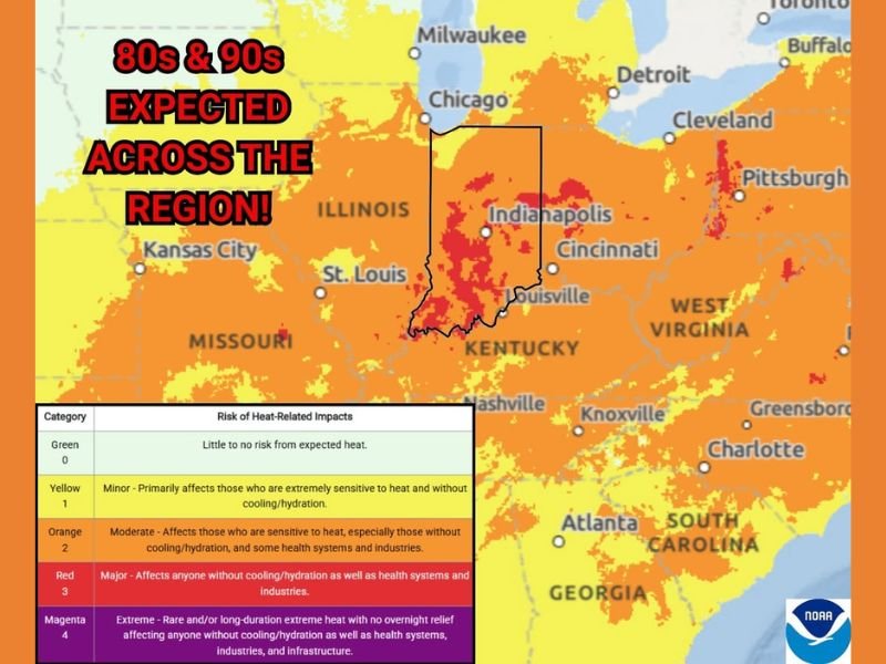 NWS Moderate to Major Heat Risk With 80s and 90s and Heat Indices Reaching Low to Mid 90s Across Indiana Including Indianapolis Louisville and Cincinnati Monday May 18